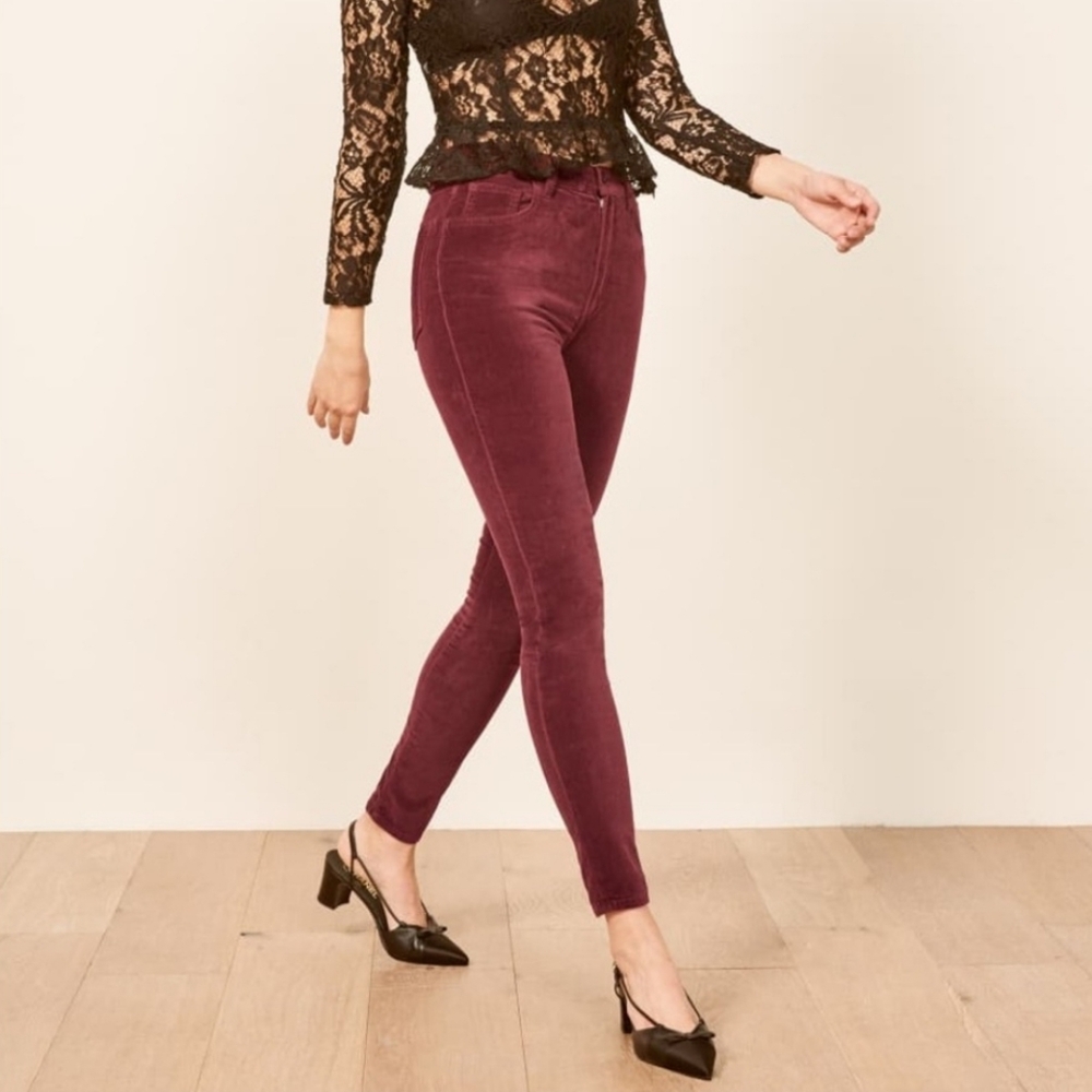 REFORMATION Burgundy Rebecca High Rise Pants Velvet Skinny Jeans Aubergine Sz 29